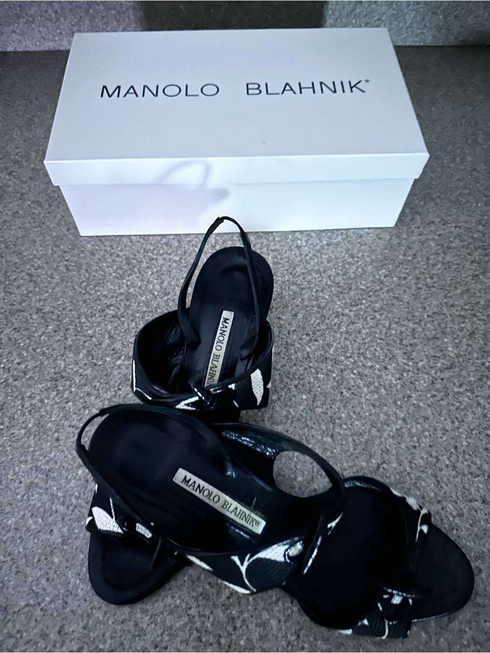 Manolo Blahnik Black & White Floral Slingback Heels, Size 38, original box & bag